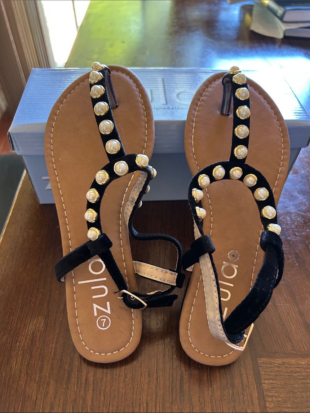 NWB Zula Black Pearl-Embellished Women's T-Strap Sandals